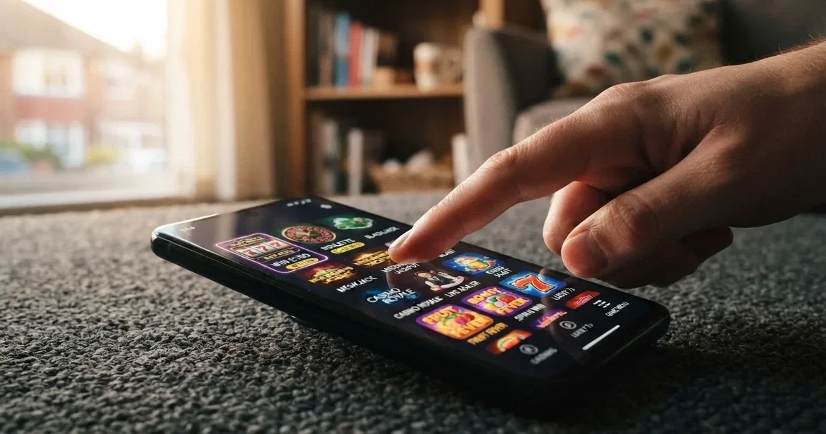 A close-up of a finger tapping a smartphone screen showing rows of app icons.