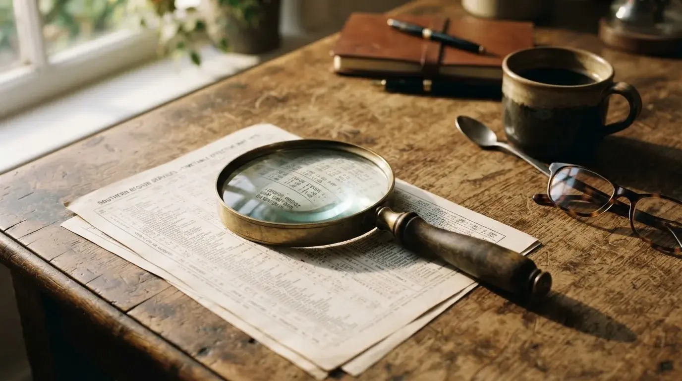 A magnifying glass rests over a printed regulatory certificate on a wooden desk.