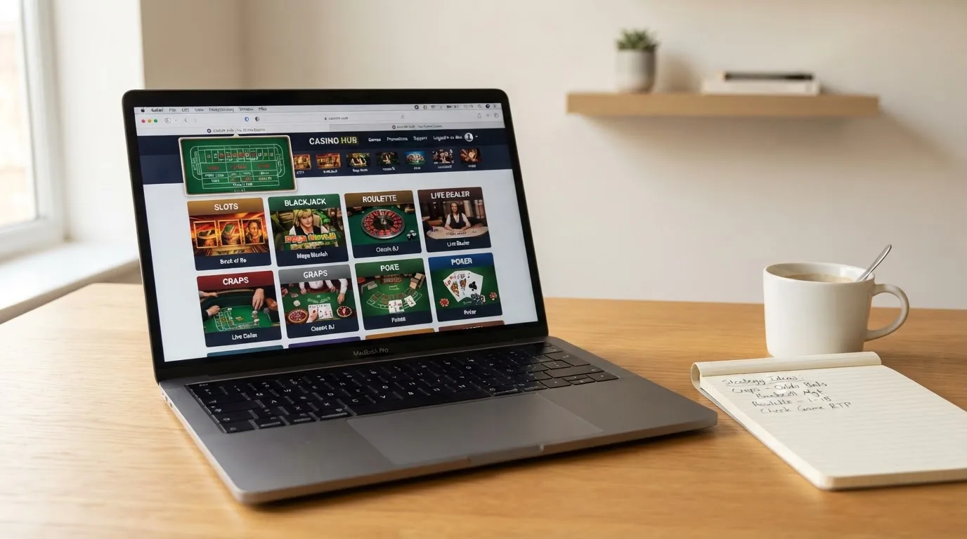 A laptop on a home desk showing a UK online casino comparison page open beside a notepad, with a craps table layout diagram on a laptop visible in a browser tab list