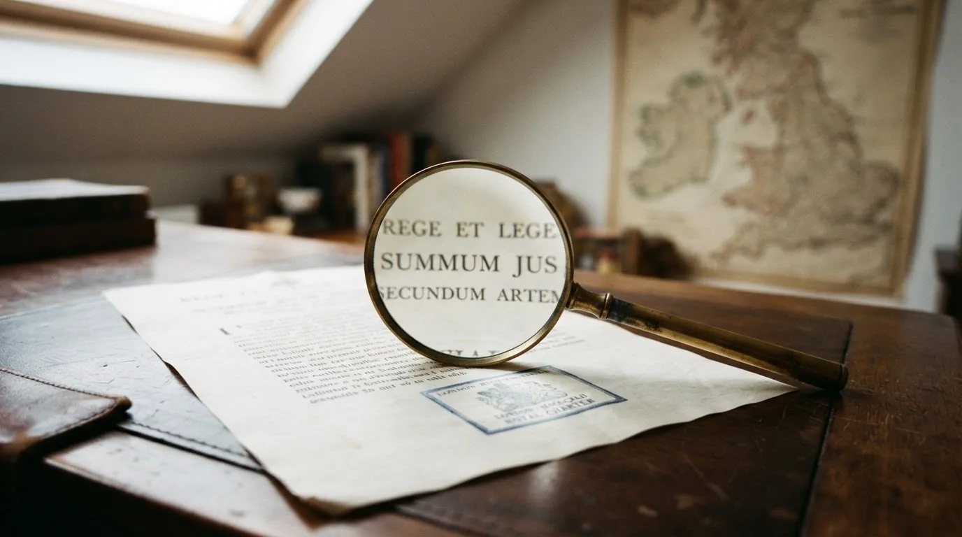 A magnifying glass held over a printed gambling licence certificate on a desk, with a UK map faintly visible in the background