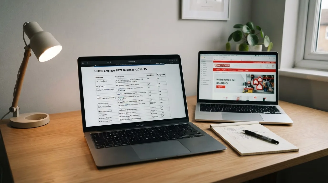A laptop on a home desk showing a UK online casino comparison page open beside a notepad, with a laptop showing a foreign-registered website's homepage visible in a browser tab list