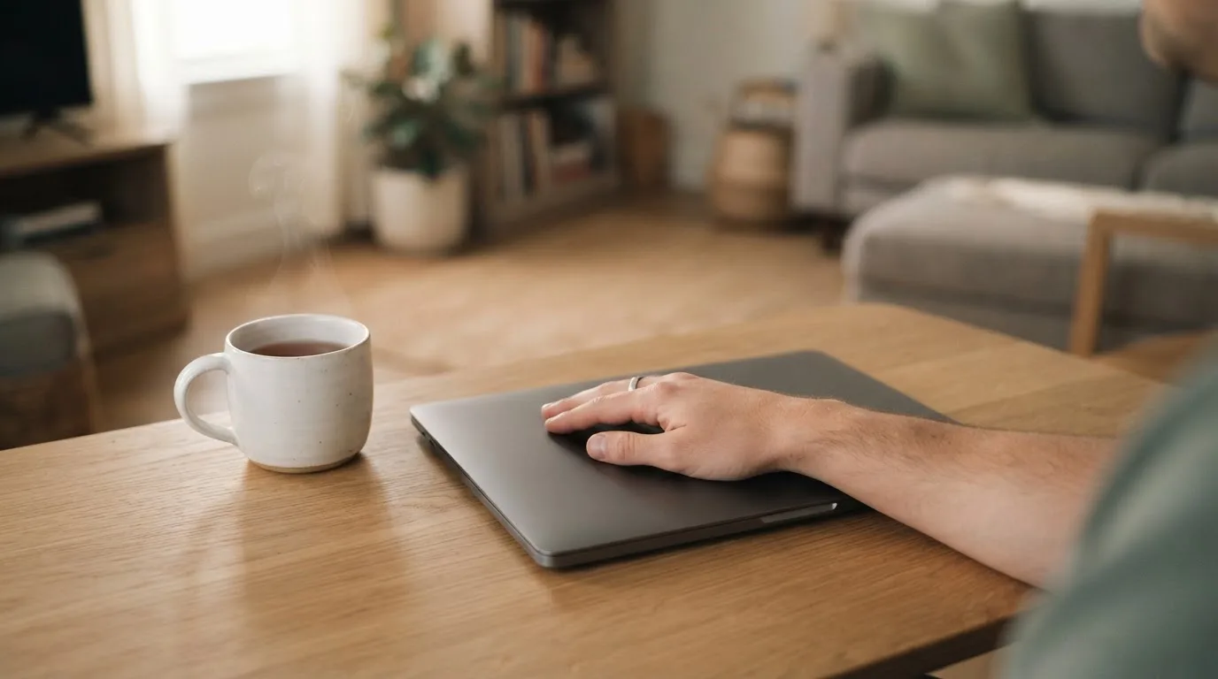 A person closing a laptop beside a cup of tea