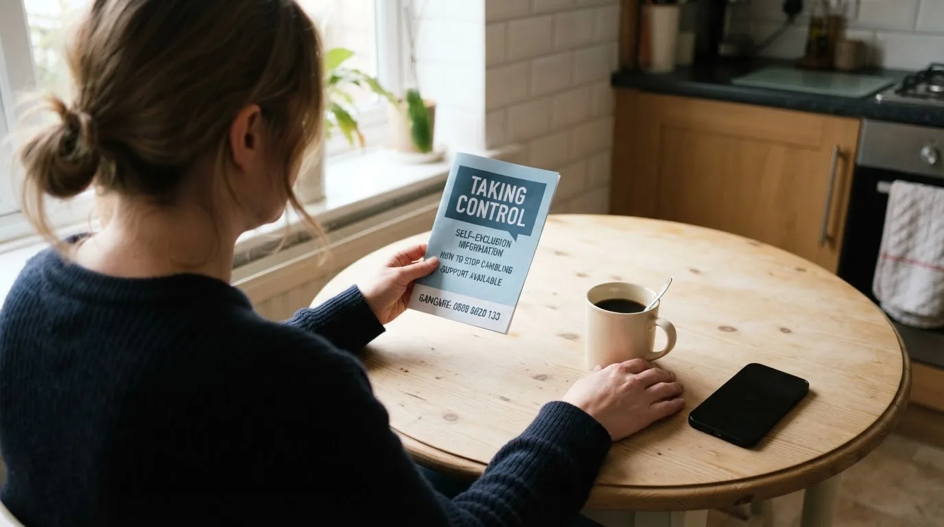 A person reading a self-exclusion leaflet at a kitchen table