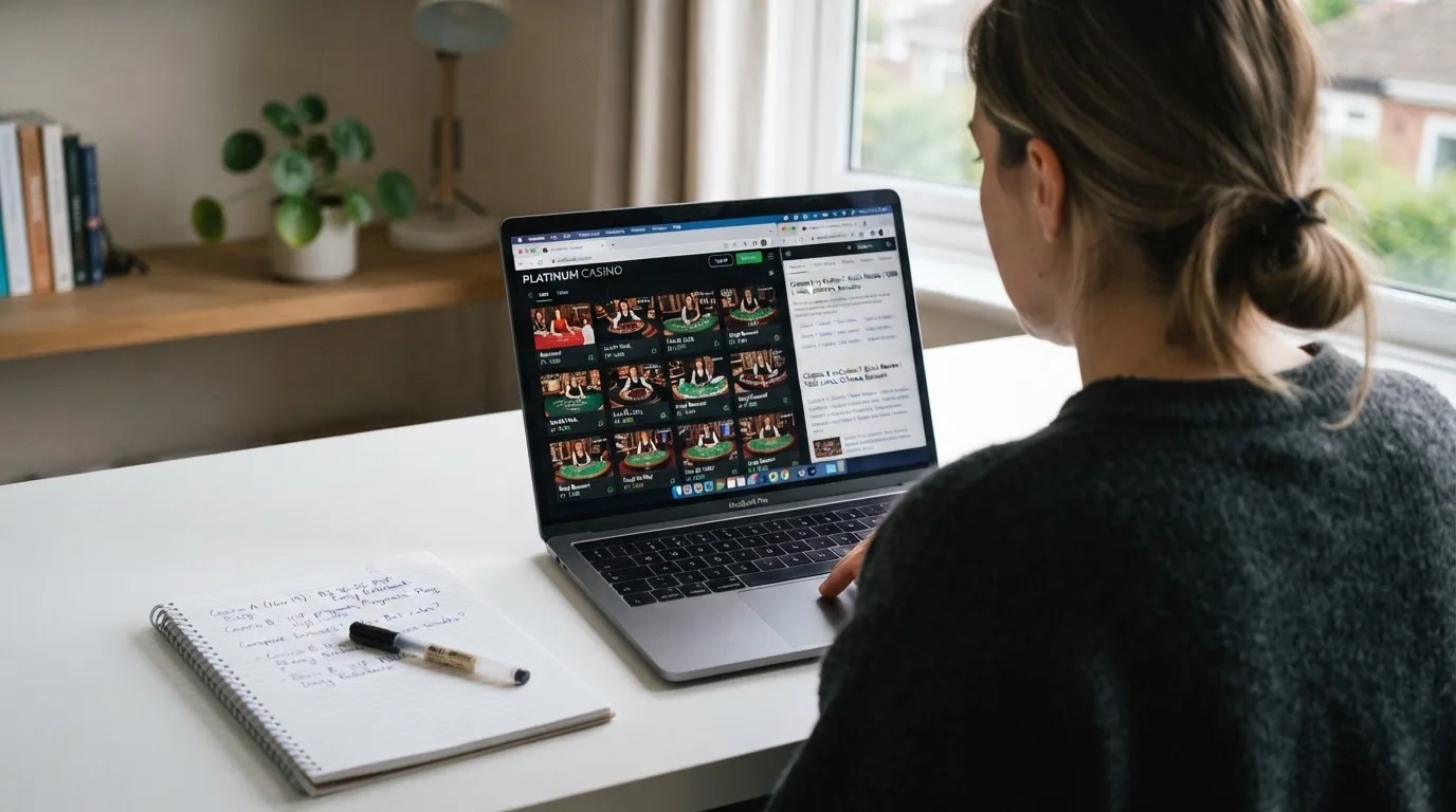 A laptop on a home desk showing a UK online casino comparison page open beside a notepad, with a laptop showing a live casino lobby with several table thumbnails visible in a browser tab list