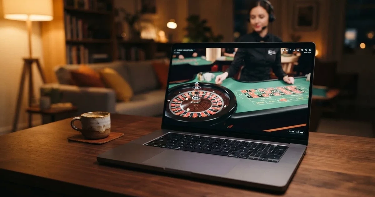 A live dealer roulette wheel streamed to a laptop screen