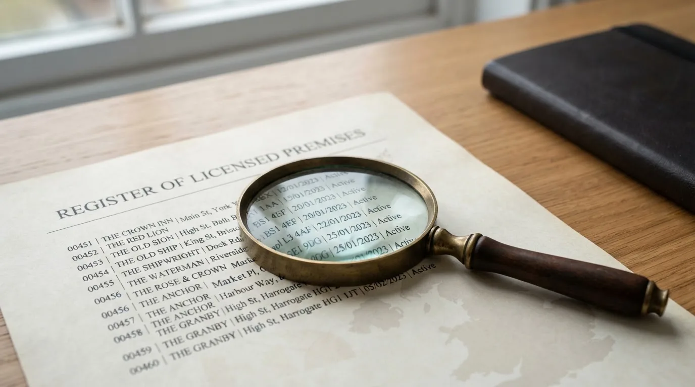 A magnifying glass held over a printed gambling licence certificate on a desk, with a UK map faintly visible in the background