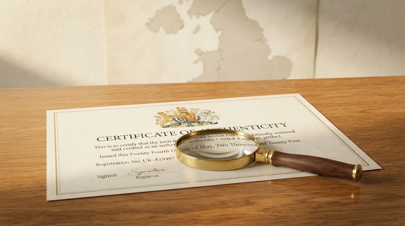 A magnifying glass held over a printed gambling licence certificate on a desk, with a UK map faintly visible in the background