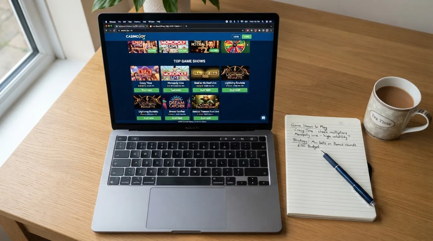A laptop on a home desk showing a UK online casino comparison page open beside a notepad, with a laptop showing a live casino game show lobby page visible in a browser tab list