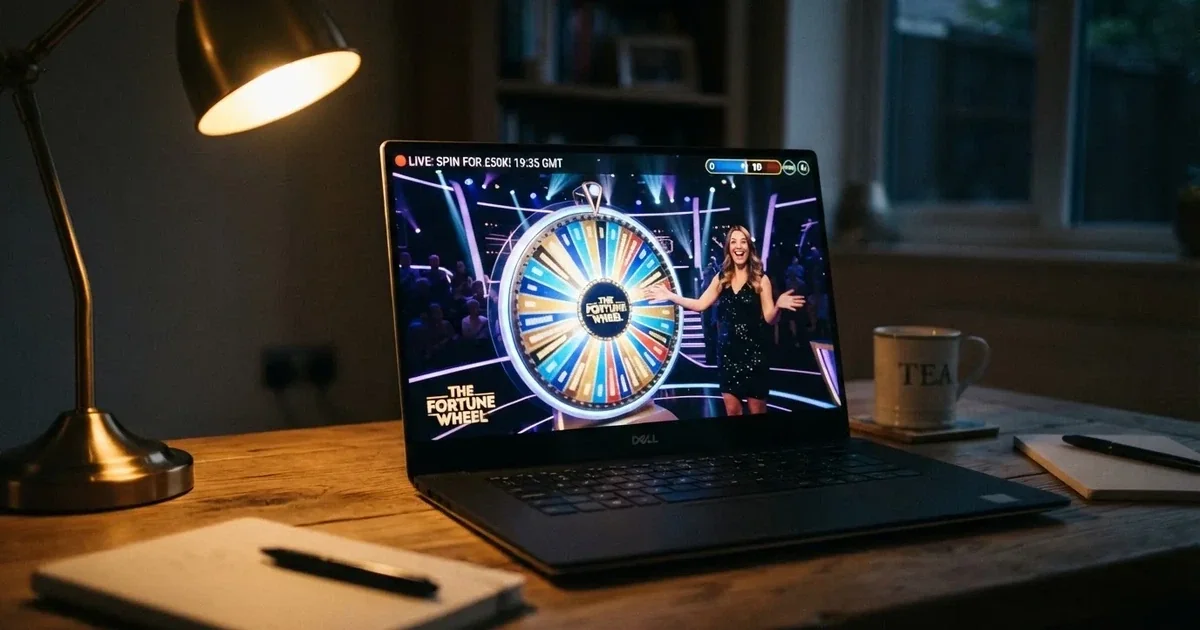 A wheel-based live casino game show studio streamed to a laptop