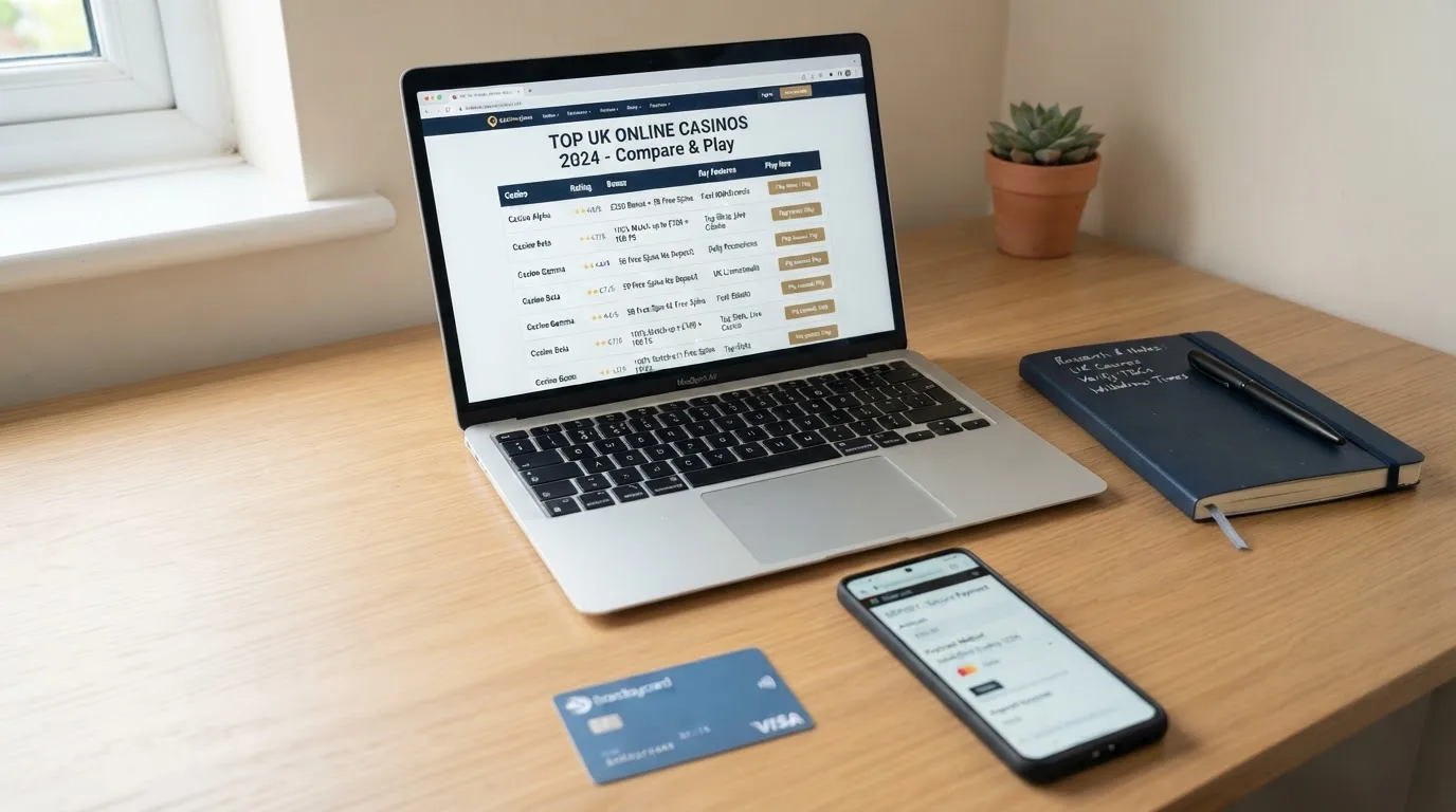 A laptop on a home desk showing a UK online casino comparison page open beside a notepad, with a desk with a debit card, a phone and a laptop showing a deposit form visible in a browser tab list