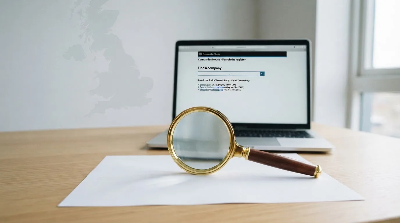 A magnifying glass held over a printed gambling licence certificate on a desk, with a UK map faintly visible in the background