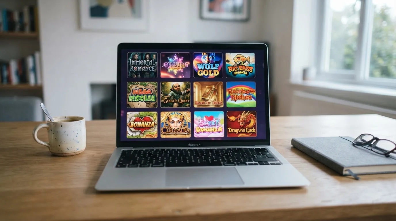 A laptop on a desk displaying a grid of slot game thumbnails in a casino lobby.