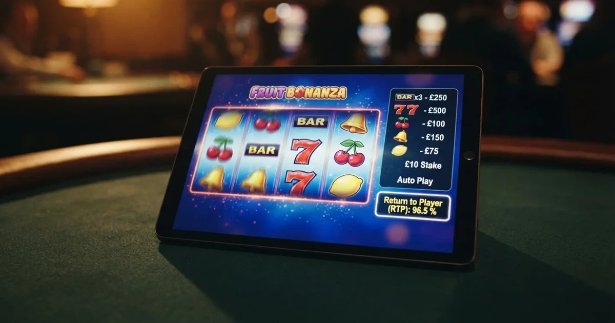 A slot game screen with a paytable panel open beside a return-to-player percentage figure.