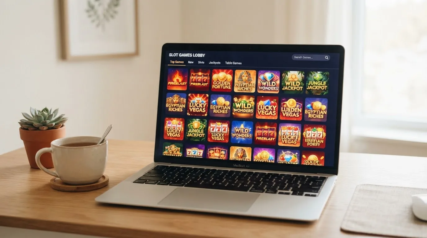 A laptop on a desk displaying a grid of slot game thumbnails in a casino lobby.