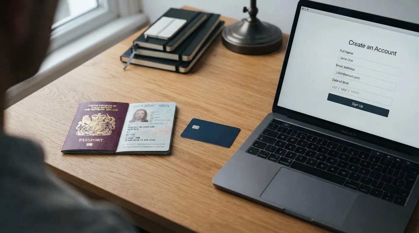 A UK passport and a bank card resting beside a laptop showing an account sign-up screen.