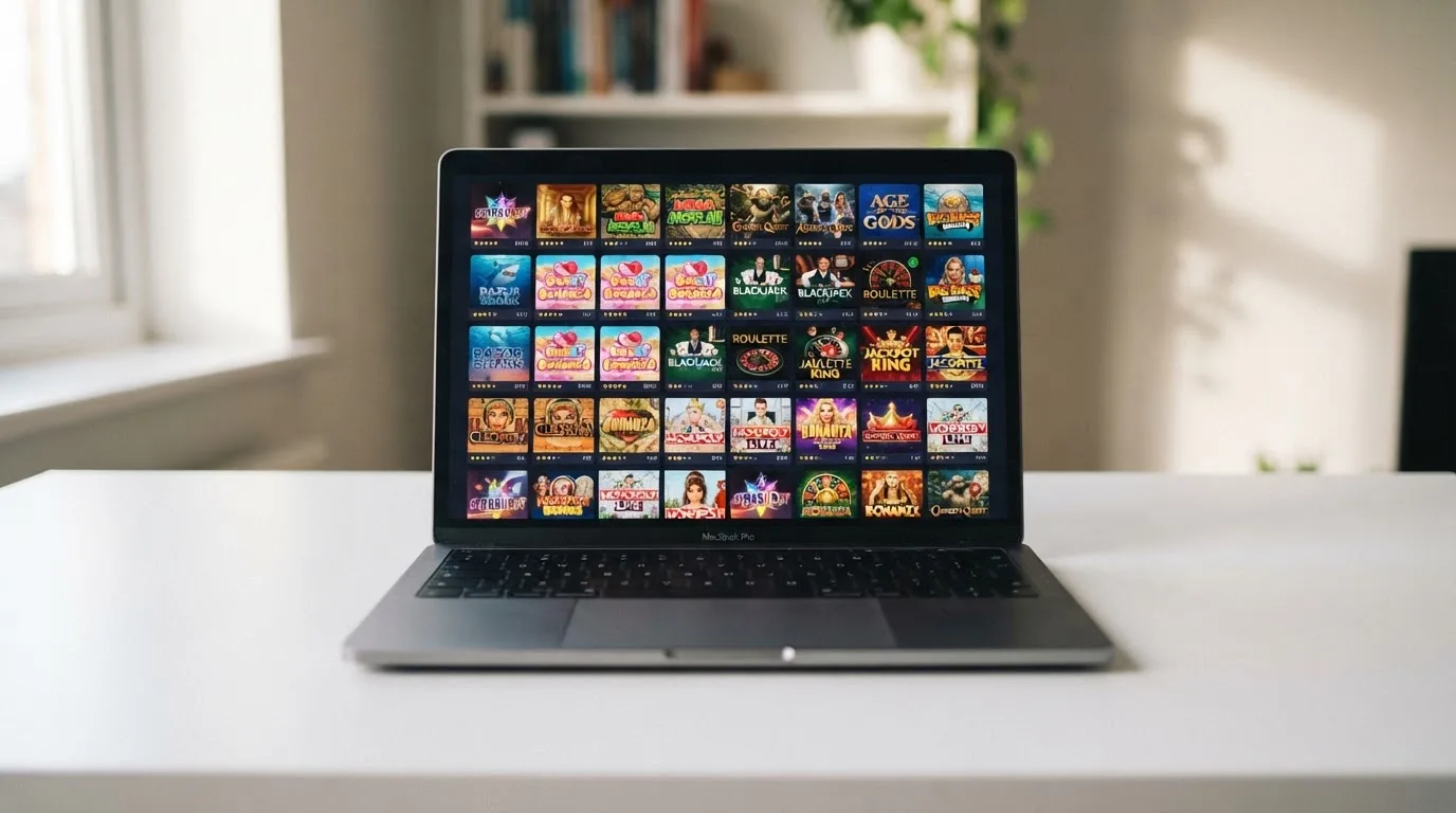 A laptop on a desk displaying a grid of slot game thumbnails in a casino lobby.