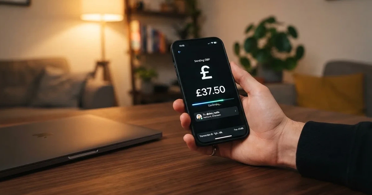 A hand holding a smartphone showing a cryptocurrency transfer screen next to a closed laptop.
