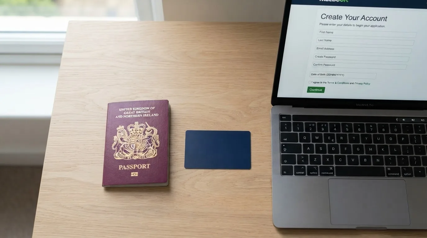 A UK passport and a bank card resting beside a laptop showing an account sign-up screen.