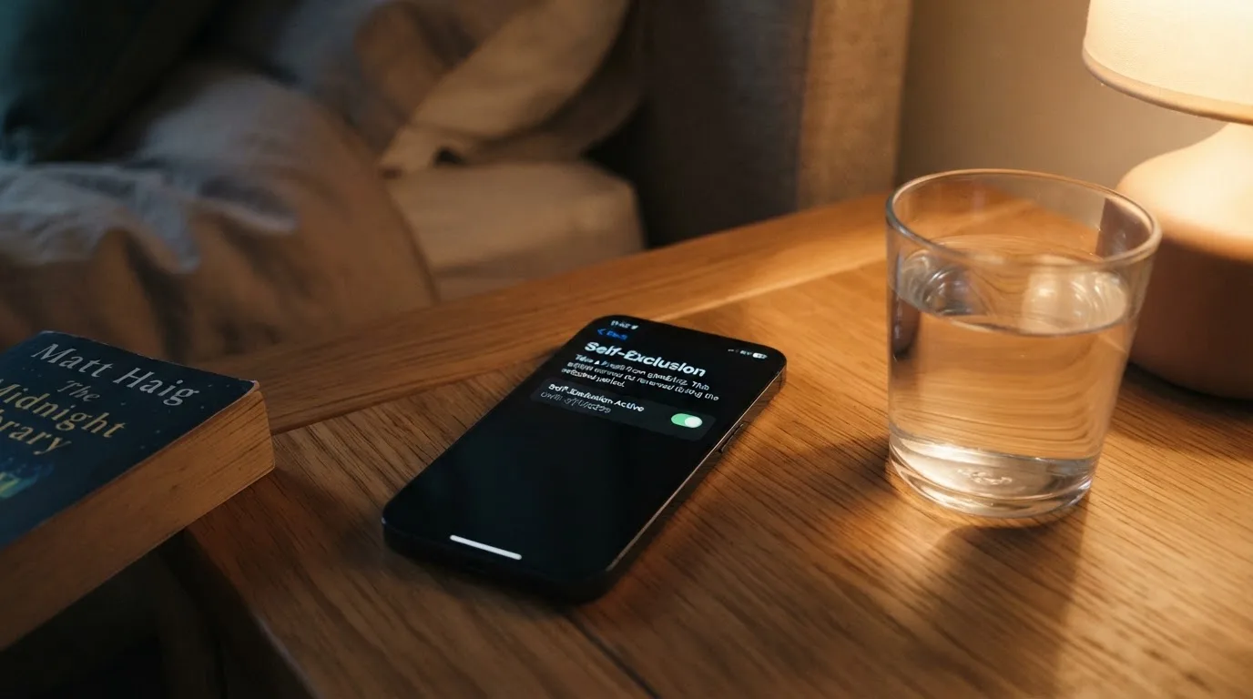A phone displaying a self-exclusion settings screen next to a glass of water on a bedside table.