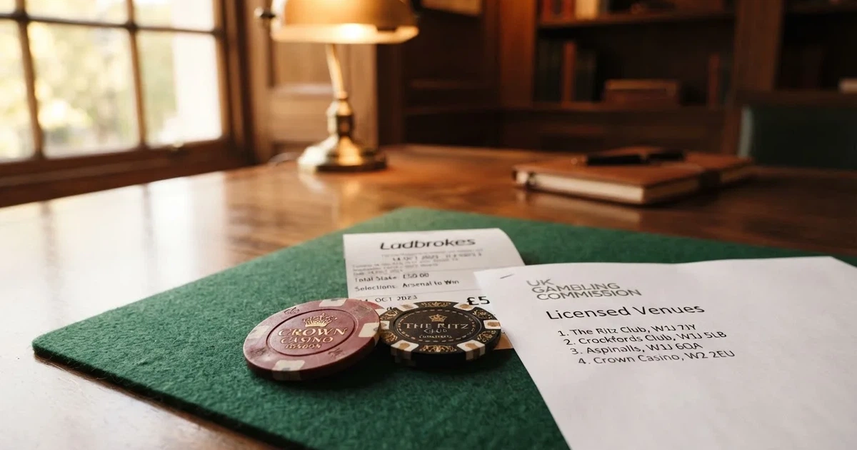 A pair of casino chips and a betting slip arranged beside a printed licence certificate on a desk.