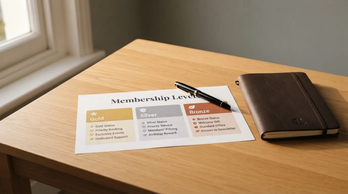 A desk with a printed loyalty-tier chart, a fountain pen, and a closed leather notebook.