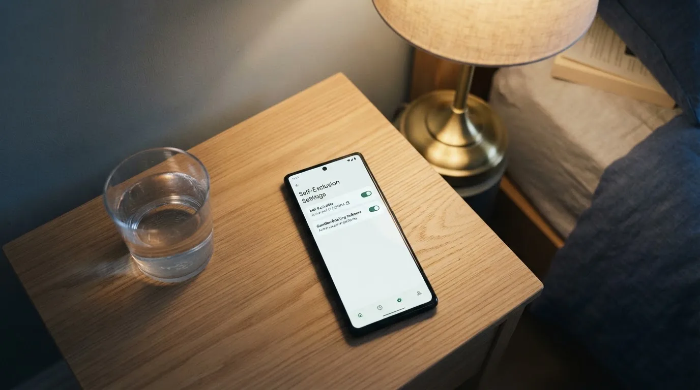 A phone displaying a self-exclusion settings screen next to a glass of water on a bedside table.