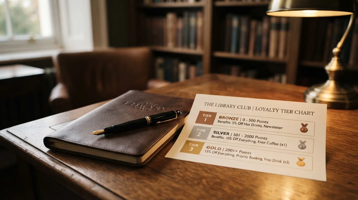A desk with a printed loyalty-tier chart, a fountain pen, and a closed leather notebook.